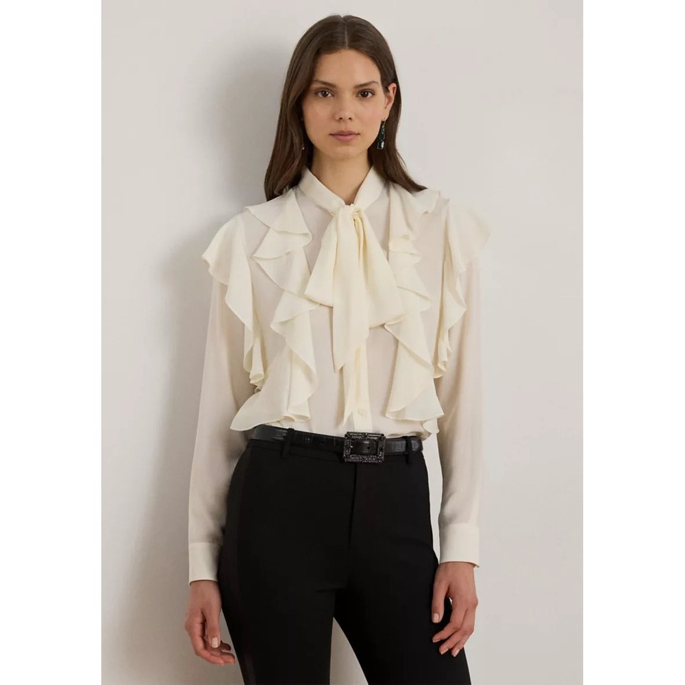 Lauren Ralph Lauren Winter Cream Ruffle Front Tie Neck Blouse Medium NWT